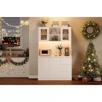 Armoire de cuisine avec portes et étagères réglables, 180 cm de haut avec étagère pour micro-ondes, lumières LED et station de charge
