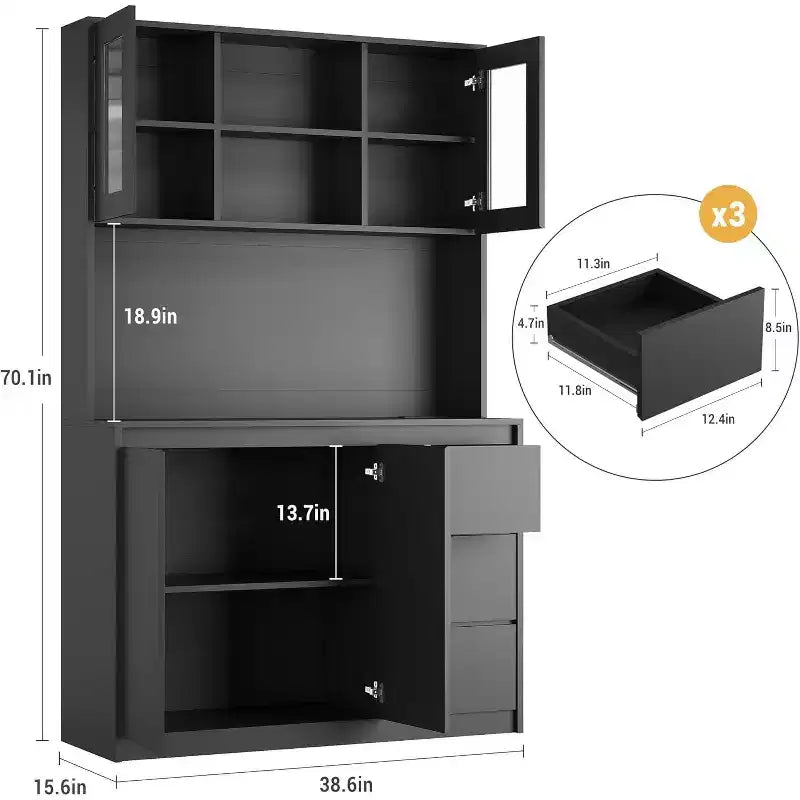 Armoire de cuisine avec portes et étagères réglables, 180 cm de haut avec étagère pour micro-ondes, lumières LED et station de charge
