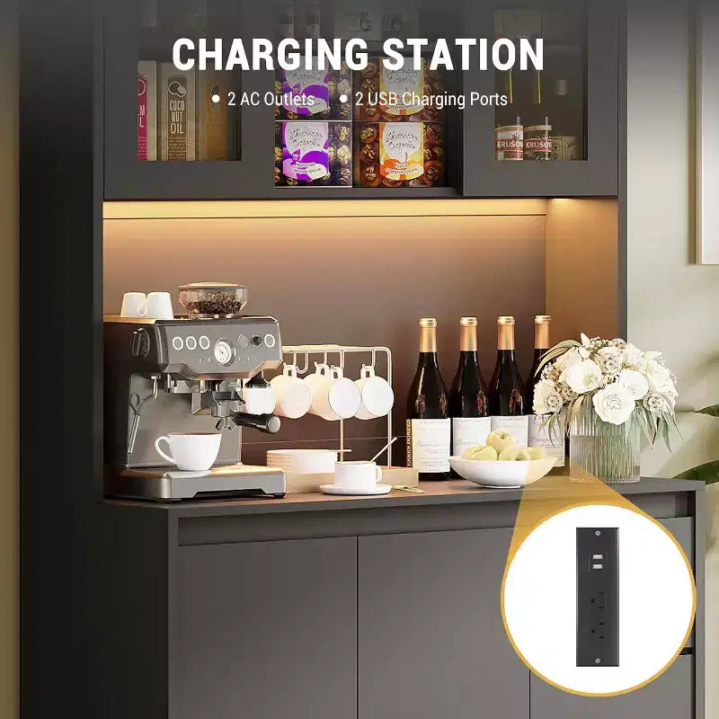 Armoire de cuisine avec portes et étagères réglables, 180 cm de haut avec étagère pour micro-ondes, lumières LED et station de charge