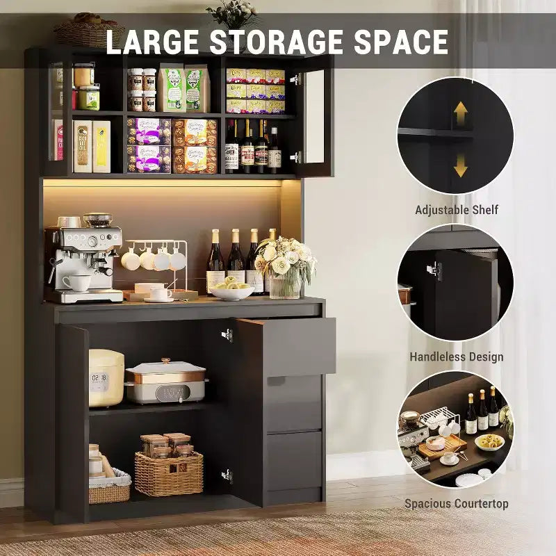 Armoire de cuisine avec portes et étagères réglables, 180 cm de haut avec étagère pour micro-ondes, lumières LED et station de charge