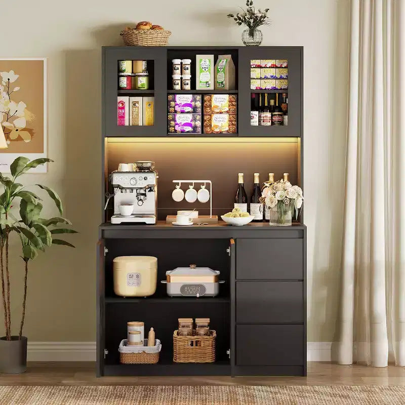 Armoire de cuisine avec portes et étagères réglables, 180 cm de haut avec étagère pour micro-ondes, lumières LED et station de charge