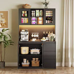 Armoire de cuisine avec portes et étagères réglables, 180 cm de haut avec étagère pour micro-ondes, lumières LED et station de charge
