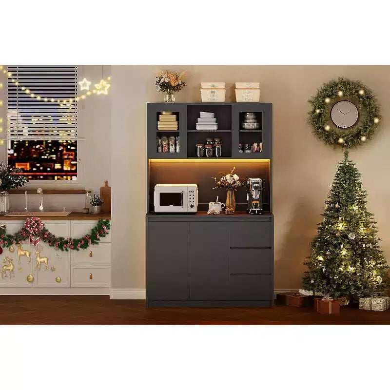 Armoire de cuisine avec portes et étagères réglables, 180 cm de haut avec étagère pour micro-ondes, lumières LED et station de charge