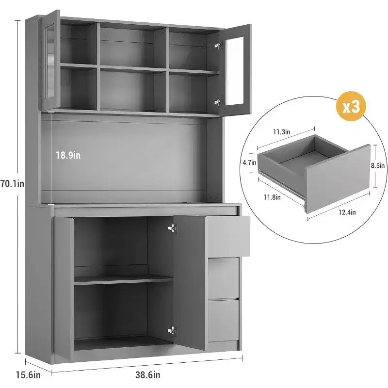 Armoire de cuisine avec portes et étagères réglables, 180 cm de haut avec étagère pour micro-ondes, lumières LED et station de charge