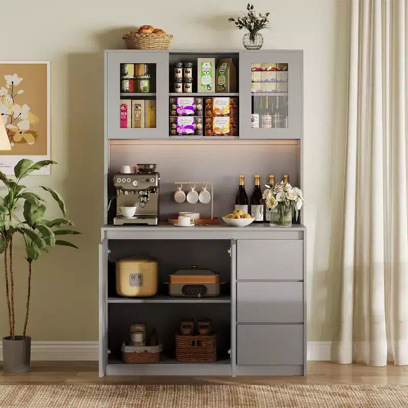 Armoire de cuisine avec portes et étagères réglables, 180 cm de haut avec étagère pour micro-ondes, lumières LED et station de charge