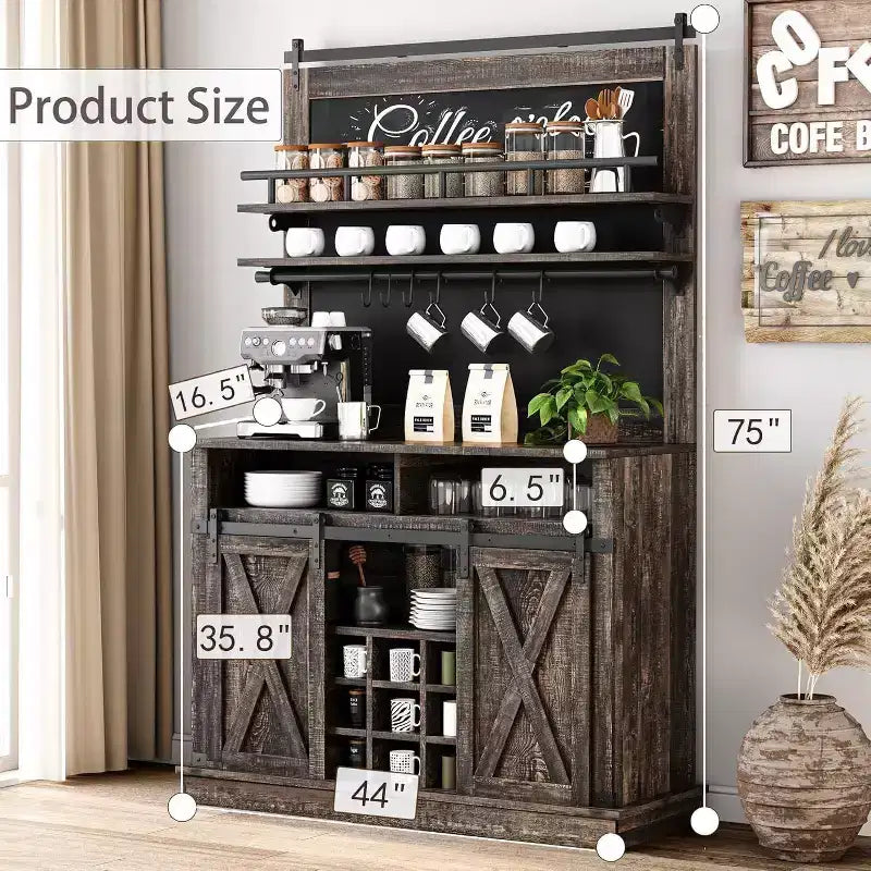 Armoire de cuisine de 190,5 cm de haut avec portes coulissantes de style grange, grand buffet de cuisine de style ferme, bahut spacieux pour salle à manger