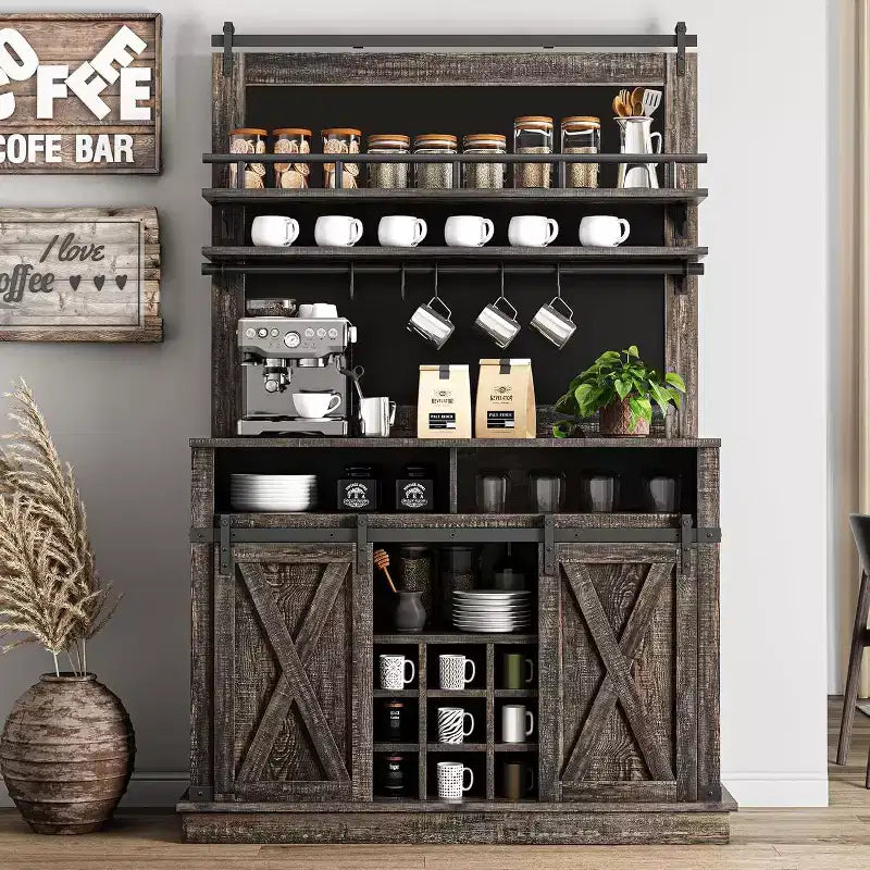 Armoire de cuisine de 190,5 cm de haut avec portes coulissantes de style grange, grand buffet de cuisine de style ferme, bahut spacieux pour salle à manger