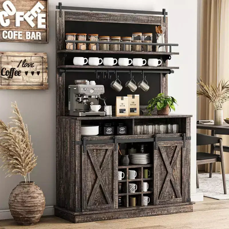 Armoire de cuisine de 190,5 cm de haut avec portes coulissantes de style grange, grand buffet de cuisine de style ferme, bahut spacieux pour salle à manger