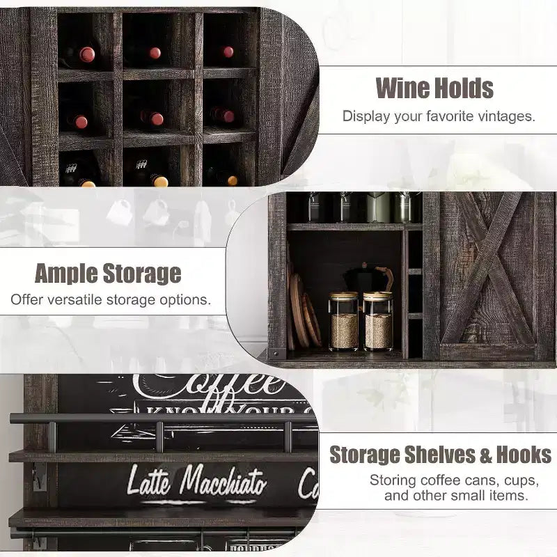 Armoire de cuisine de 190,5 cm de haut avec portes coulissantes de style grange, grand buffet de cuisine de style ferme, bahut spacieux pour salle à manger