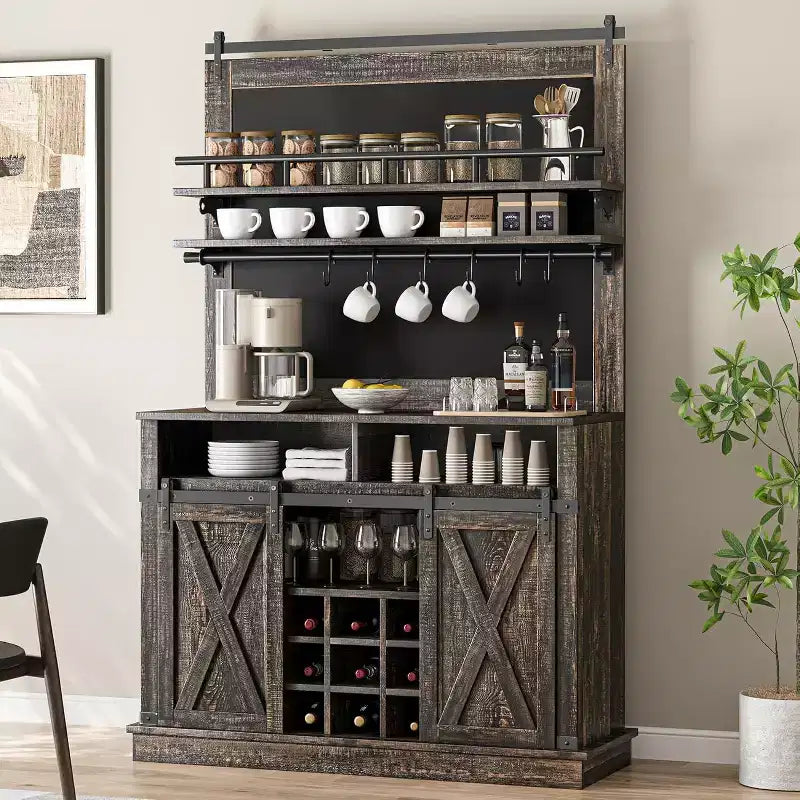 Armoire de cuisine de 190,5 cm de haut avec portes coulissantes de style grange, grand buffet de cuisine de style ferme, bahut spacieux pour salle à manger