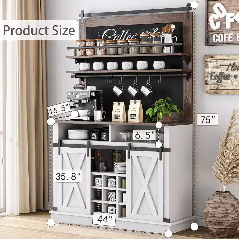 Armoire de cuisine de 190,5 cm de haut avec portes coulissantes de style grange, grand buffet de cuisine de style ferme, bahut spacieux pour salle à manger