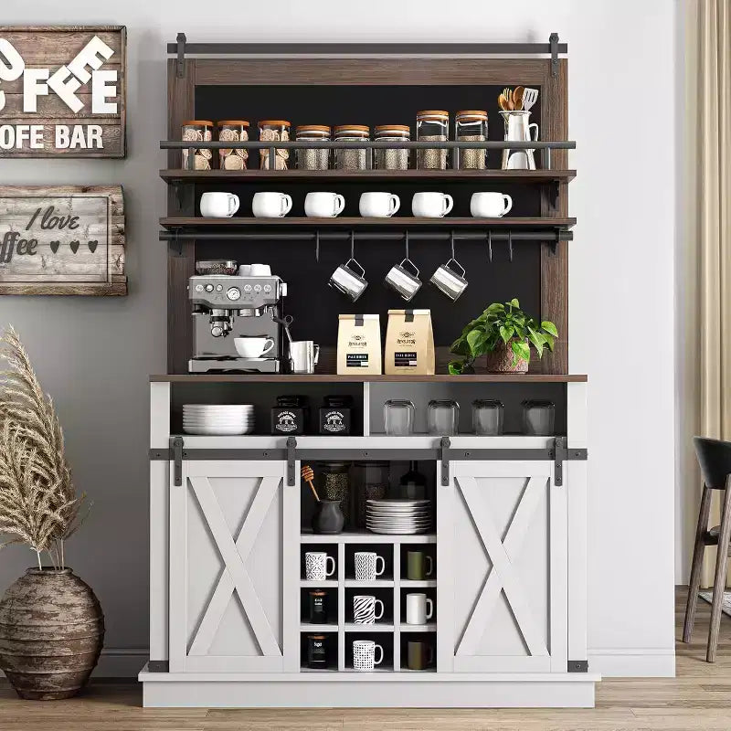 Armoire de cuisine de 190,5 cm de haut avec portes coulissantes de style grange, grand buffet de cuisine de style ferme, bahut spacieux pour salle à manger