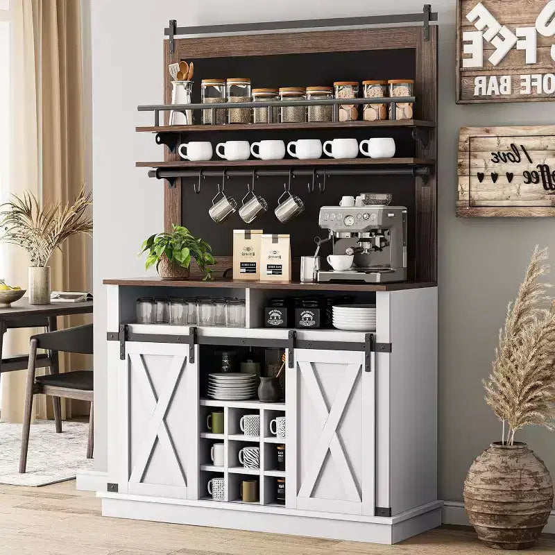 Armoire de cuisine de 190,5 cm de haut avec portes coulissantes de style grange, grand buffet de cuisine de style ferme, bahut spacieux pour salle à manger