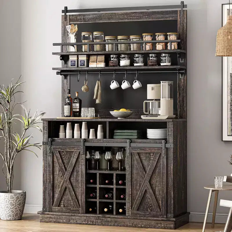 Armoire de cuisine de 190,5 cm de haut avec portes coulissantes de style grange, grand buffet de cuisine de style ferme, bahut spacieux pour salle à manger