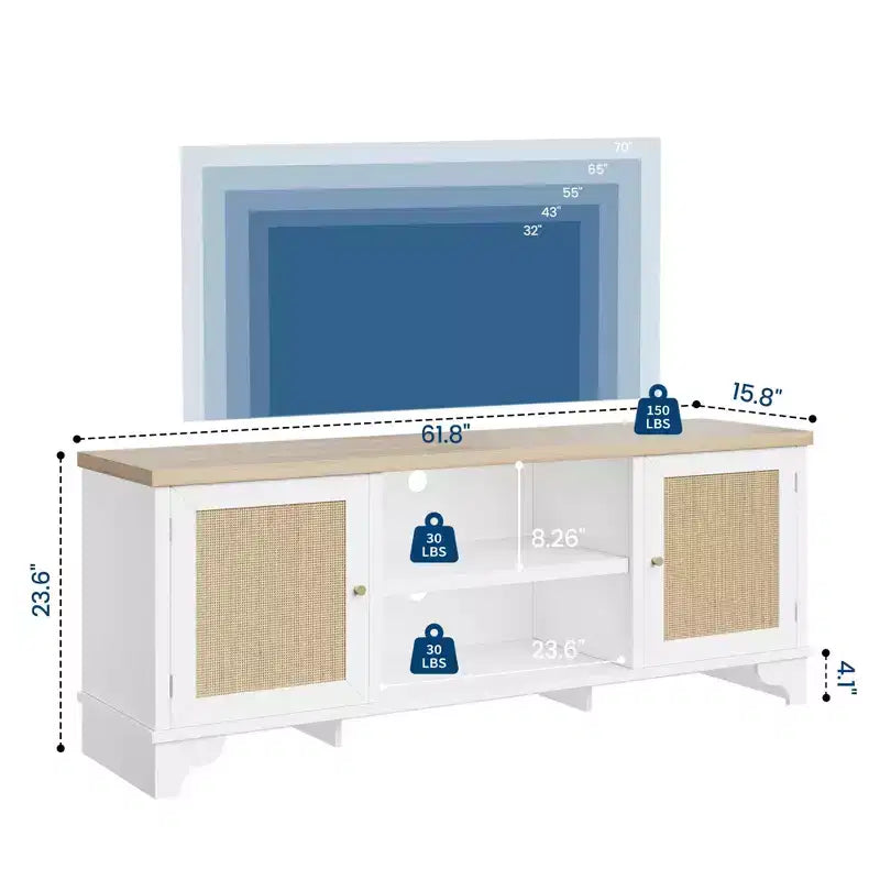 Meuble TV en rotin de 70 po avec 2 armoires et étagère, console média bohème pour appartement ou salon, finition noire