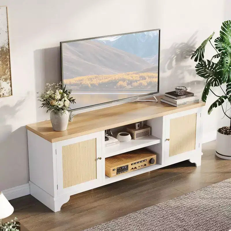 Meuble TV en rotin de 70 po avec 2 armoires et étagère, console média bohème pour appartement ou salon, finition noire