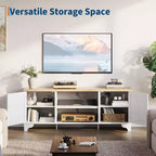 Meuble TV en rotin de 70 po avec 2 armoires et étagère, console média bohème pour appartement ou salon, finition noire