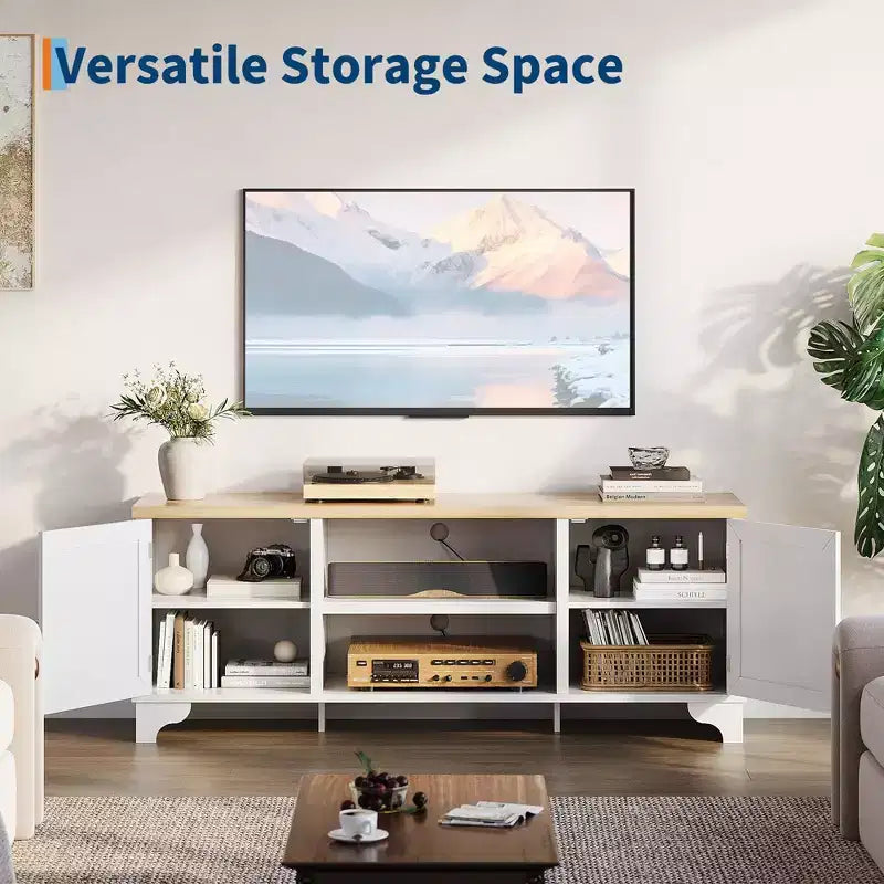 Meuble TV en rotin de 70 po avec 2 armoires et étagère, console média bohème pour appartement ou salon, finition noire