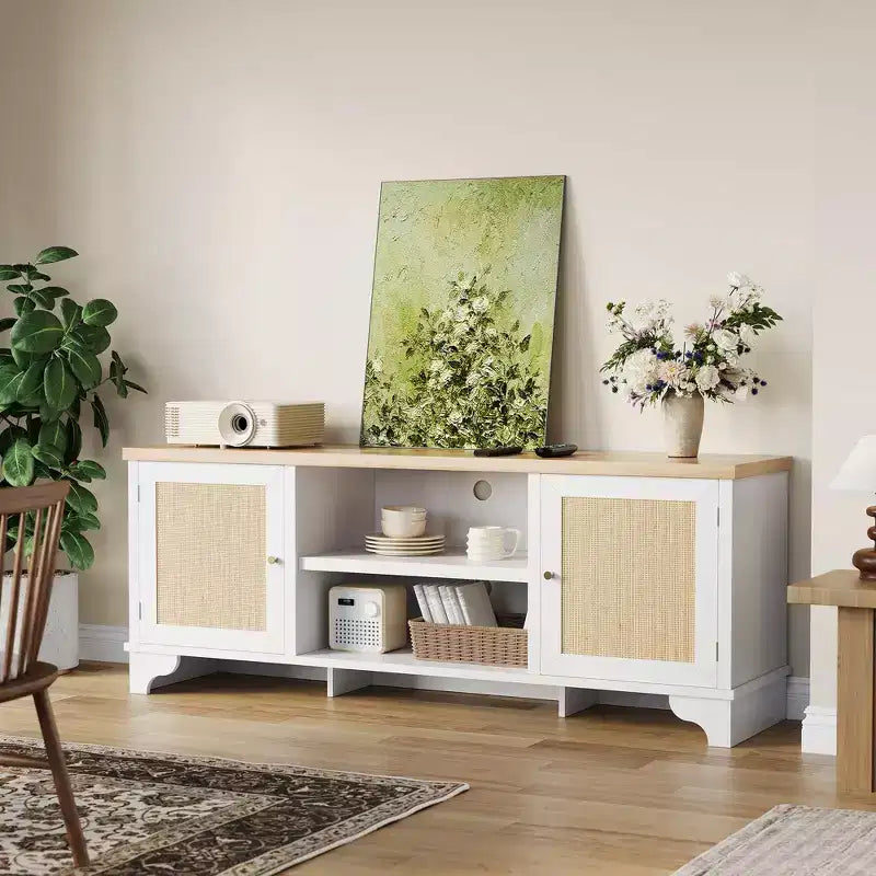 Meuble TV en rotin de 70 po avec 2 armoires et étagère, console média bohème pour appartement ou salon, finition noire