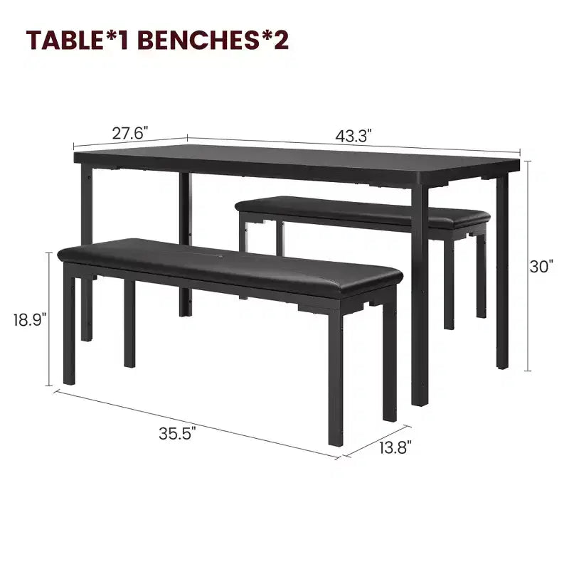 Table de cuisine avec 2 bancs, cadre en métal