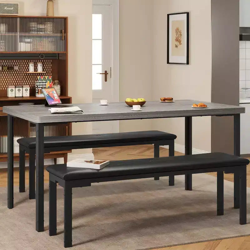 Table de cuisine avec 2 bancs, cadre en métal