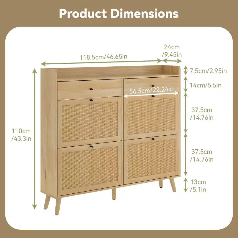 Meuble à Chaussures avec 4 Tiroirs Basculants, Organisateur de Chaussures Autonome en Rotin, Armoire à Chaussures Fine Dissimulée pour Couloir, Salon, Appartement