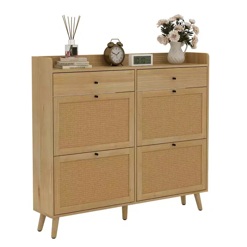 Meuble à Chaussures avec 4 Tiroirs Basculants, Organisateur de Chaussures Autonome en Rotin, Armoire à Chaussures Fine Dissimulée pour Couloir, Salon, Appartement