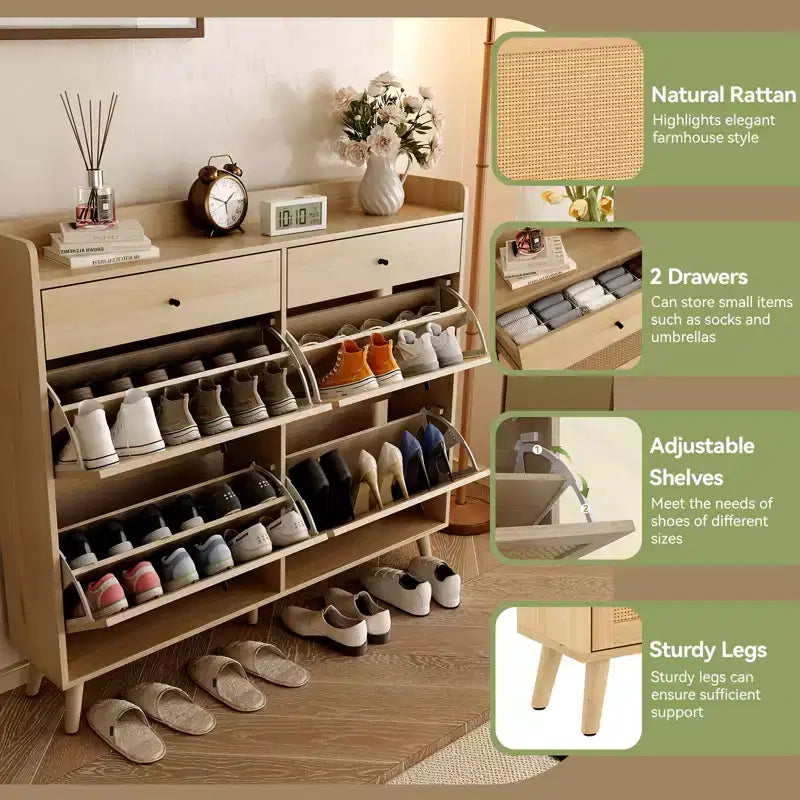 Meuble à Chaussures avec 4 Tiroirs Basculants, Organisateur de Chaussures Autonome en Rotin, Armoire à Chaussures Fine Dissimulée pour Couloir, Salon, Appartement