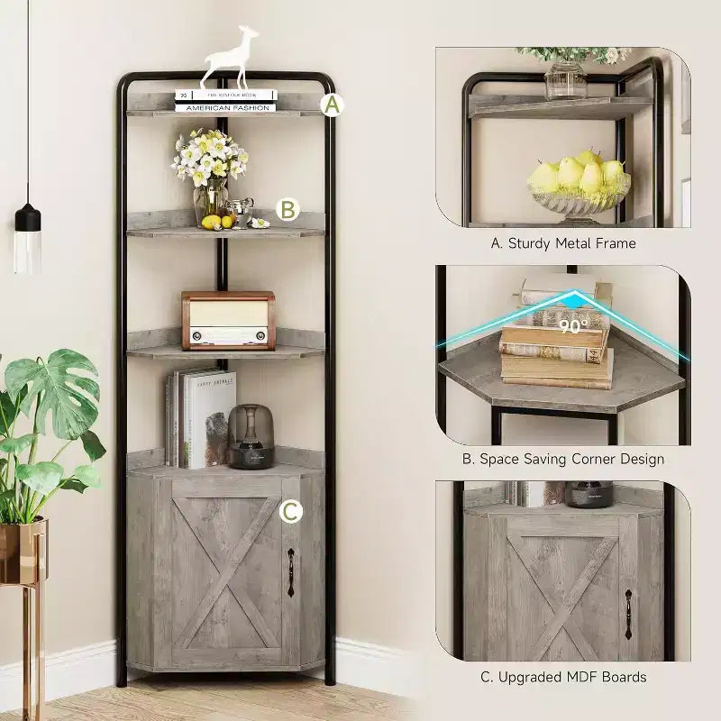 Acekool 70.9 Armoire d'angle haute, Bibliothèque triangulaire avec étagères réglables, Rangement dissimulé et Support pour plantes pour Chambre, Salon, Bureau