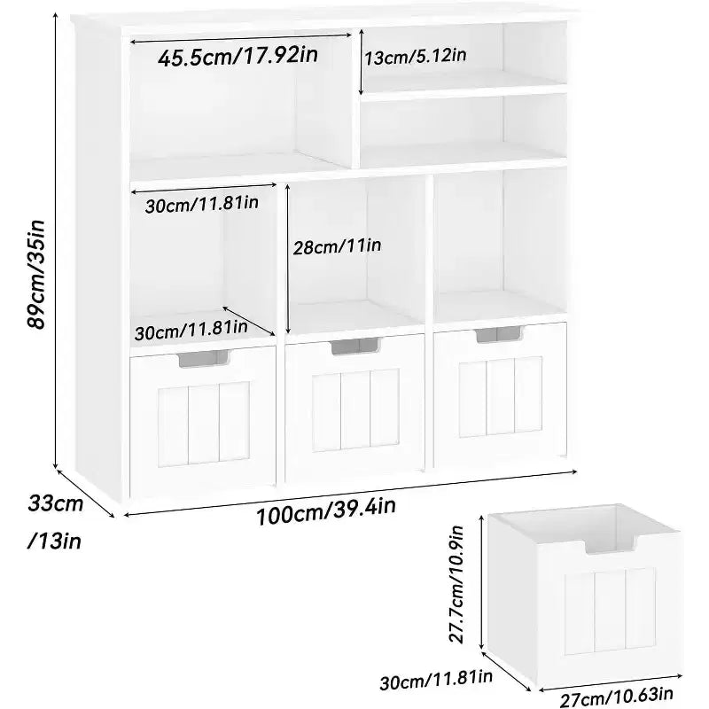 Acekool Bibliothèque pour enfants, meuble de rangement pour jouets, organisateur avec 3 tiroirs mobiles et roulettes cachées, 6 compartiments pour chambre à coucher, salle de jeux, crèche, blanc