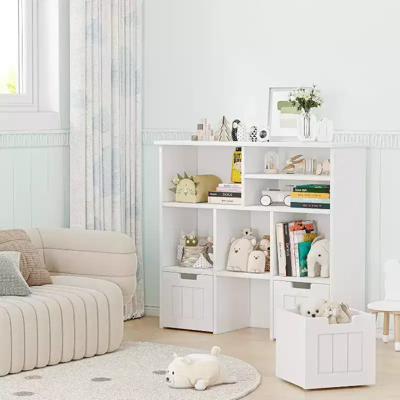 Acekool Bibliothèque pour enfants, meuble de rangement pour jouets, organisateur avec 3 tiroirs mobiles et roulettes cachées, 6 compartiments pour chambre à coucher, salle de jeux, crèche, blanc