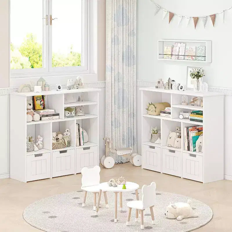Acekool Bibliothèque pour enfants, meuble de rangement pour jouets, organisateur avec 3 tiroirs mobiles et roulettes cachées, 6 compartiments pour chambre à coucher, salle de jeux, crèche, blanc