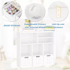 Acekool Bibliothèque pour enfants, meuble de rangement pour jouets, organisateur avec 3 tiroirs mobiles et roulettes cachées, 6 compartiments pour chambre à coucher, salle de jeux, crèche, blanc