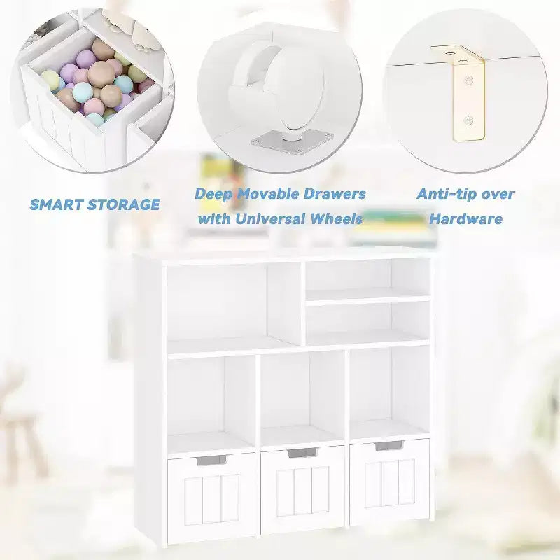 Acekool Bibliothèque pour enfants, meuble de rangement pour jouets, organisateur avec 3 tiroirs mobiles et roulettes cachées, 6 compartiments pour chambre à coucher, salle de jeux, crèche, blanc