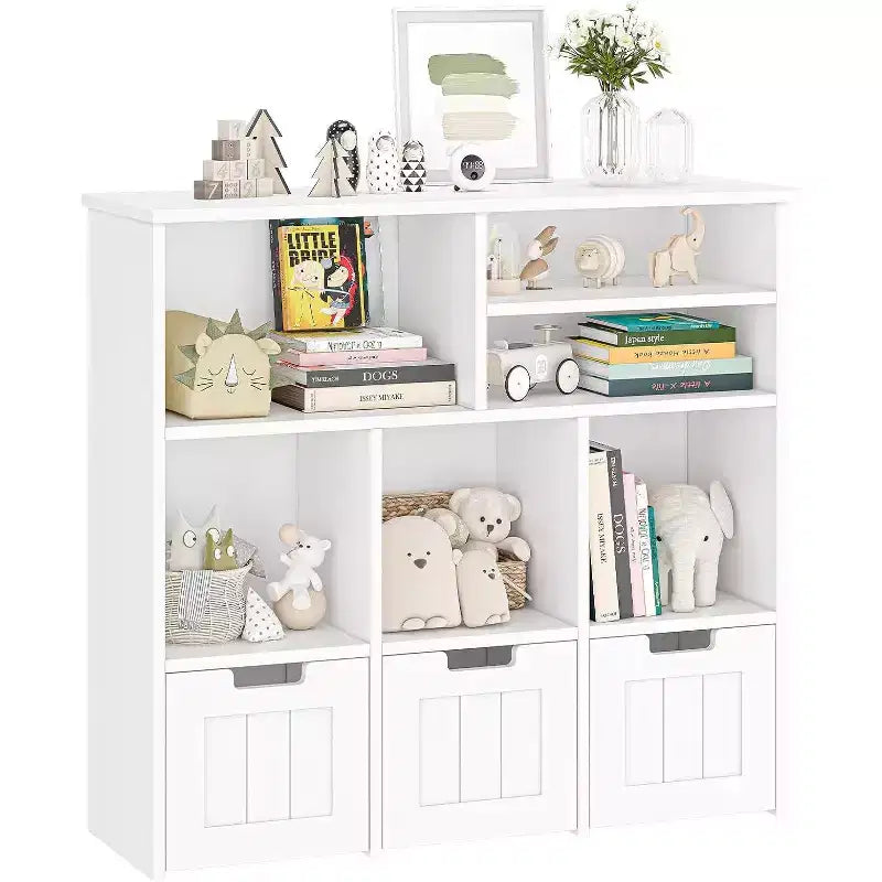 Acekool Bibliothèque pour enfants, meuble de rangement pour jouets, organisateur avec 3 tiroirs mobiles et roulettes cachées, 6 compartiments pour chambre à coucher, salle de jeux, crèche, blanc