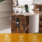 Coiffeuse d'angle Acekool avec miroir, 5 tiroirs pivotants, prises électriques, éclairage réglable, étagères et tabouret pour chambre à coucher, table de maquillage