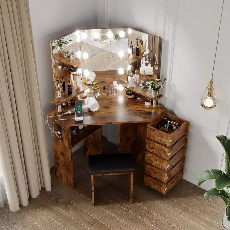 Coiffeuse d'angle Acekool avec miroir, 5 tiroirs pivotants, prises électriques, éclairage réglable, étagères et tabouret pour chambre à coucher, table de maquillage