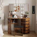 Coiffeuse d'angle Acekool avec miroir, 5 tiroirs pivotants, prises électriques, éclairage réglable, étagères et tabouret pour chambre à coucher, table de maquillage