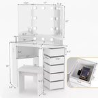 Coiffeuse d'angle Acekool avec miroir, 5 tiroirs pivotants, prises électriques, éclairage réglable, étagères et tabouret pour chambre à coucher, table de maquillage