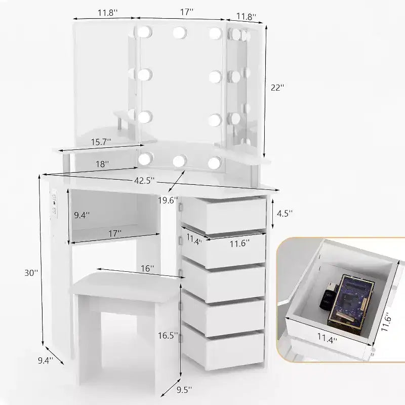 Coiffeuse d'angle Acekool avec miroir, 5 tiroirs pivotants, prises électriques, éclairage réglable, étagères et tabouret pour chambre à coucher, table de maquillage