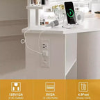 Coiffeuse d'angle Acekool avec miroir, 5 tiroirs pivotants, prises électriques, éclairage réglable, étagères et tabouret pour chambre à coucher, table de maquillage