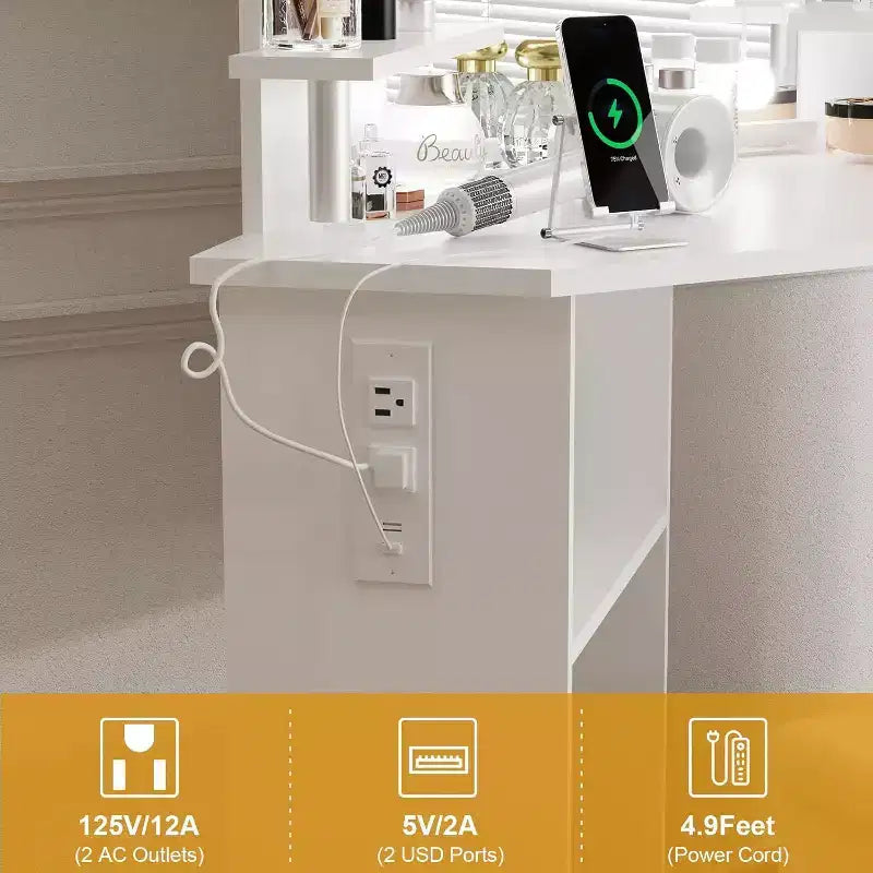 Coiffeuse d'angle Acekool avec miroir, 5 tiroirs pivotants, prises électriques, éclairage réglable, étagères et tabouret pour chambre à coucher, table de maquillage