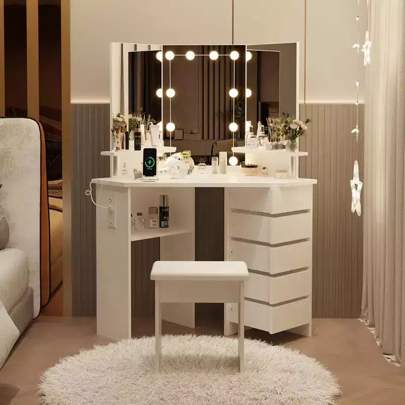 Coiffeuse d'angle Acekool avec miroir, 5 tiroirs pivotants, prises électriques, éclairage réglable, étagères et tabouret pour chambre à coucher, table de maquillage