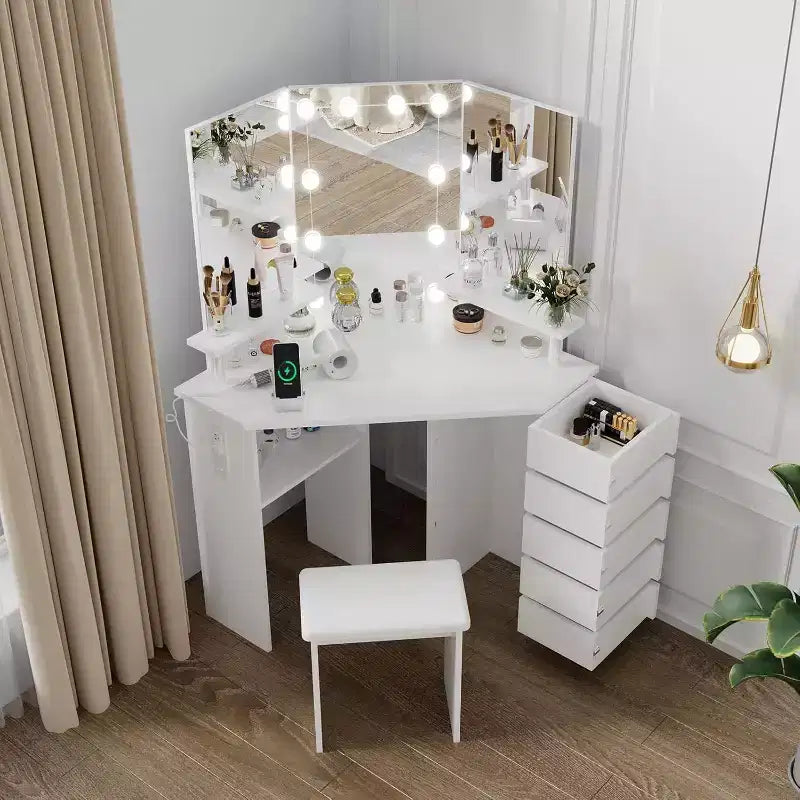 Coiffeuse d'angle Acekool avec miroir, 5 tiroirs pivotants, prises électriques, éclairage réglable, étagères et tabouret pour chambre à coucher, table de maquillage