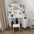 Coiffeuse d'angle Acekool avec miroir, 5 tiroirs pivotants, prises électriques, éclairage réglable, étagères et tabouret pour chambre à coucher, table de maquillage