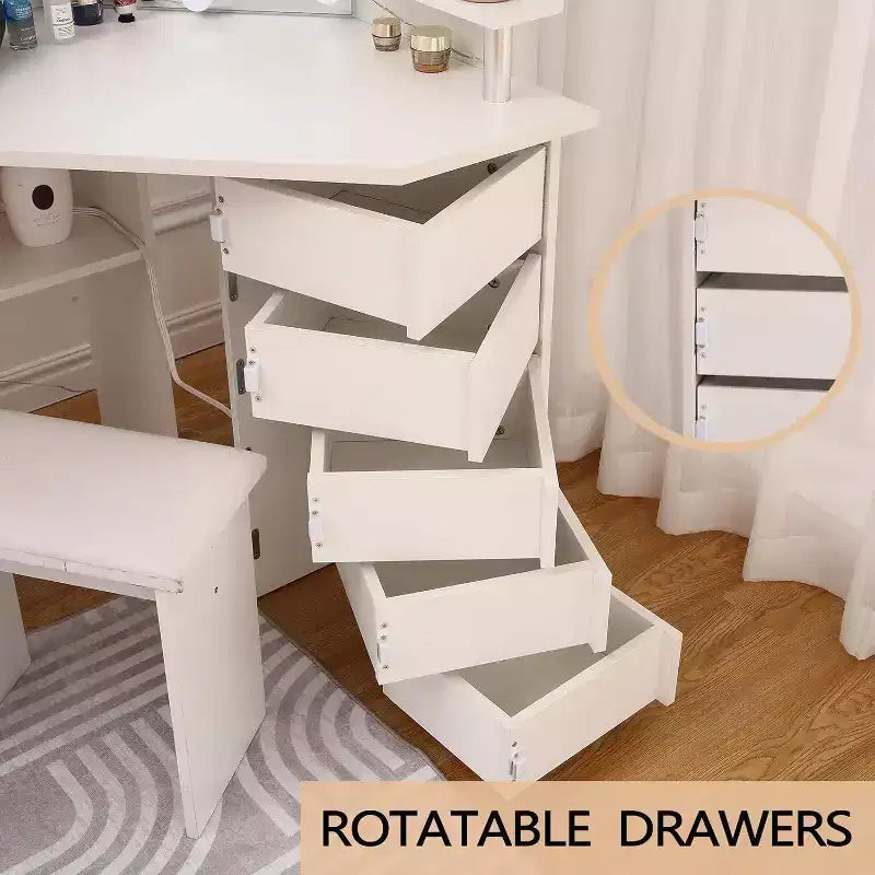 Coiffeuse d'angle Acekool avec miroir, 5 tiroirs pivotants, prises électriques, éclairage réglable, étagères et tabouret pour chambre à coucher, table de maquillage