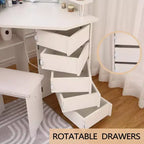 Coiffeuse d'angle Acekool avec miroir, 5 tiroirs pivotants, prises électriques, éclairage réglable, étagères et tabouret pour chambre à coucher, table de maquillage