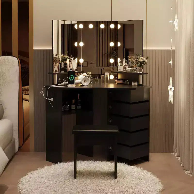 Coiffeuse d'angle Acekool avec miroir, 5 tiroirs pivotants, prises électriques, éclairage réglable, étagères et tabouret pour chambre à coucher, table de maquillage