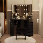 Coiffeuse d'angle Acekool avec miroir, 5 tiroirs pivotants, prises électriques, éclairage réglable, étagères et tabouret pour chambre à coucher, table de maquillage