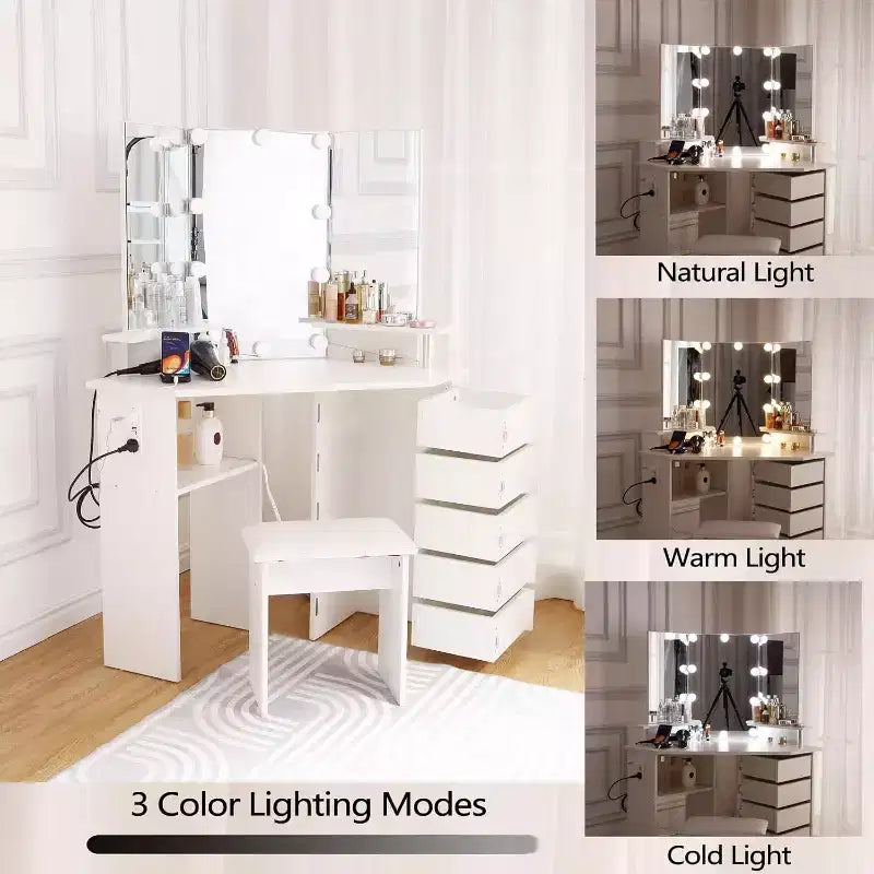 Coiffeuse d'angle Acekool avec miroir, 5 tiroirs pivotants, prises électriques, éclairage réglable, étagères et tabouret pour chambre à coucher, table de maquillage